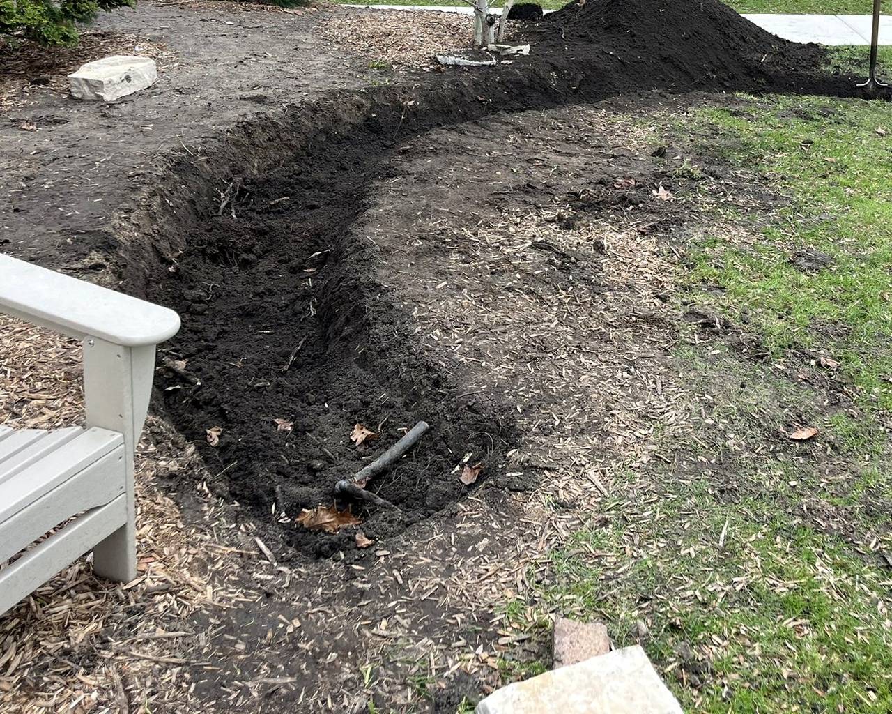 A newly shaped garden bed with fresh soil and a curved edge